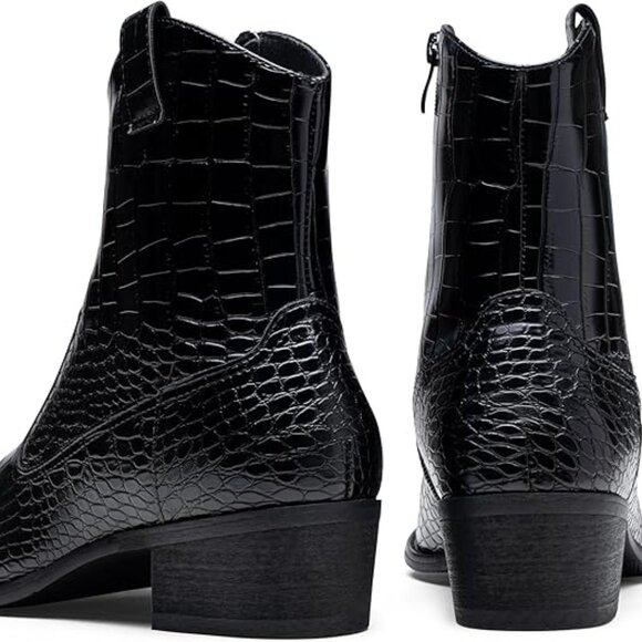 NEW! Men Crocodile Embossed Western Boot  Side Zipper Stylish Retro Short-Black - Picture 4 of 5